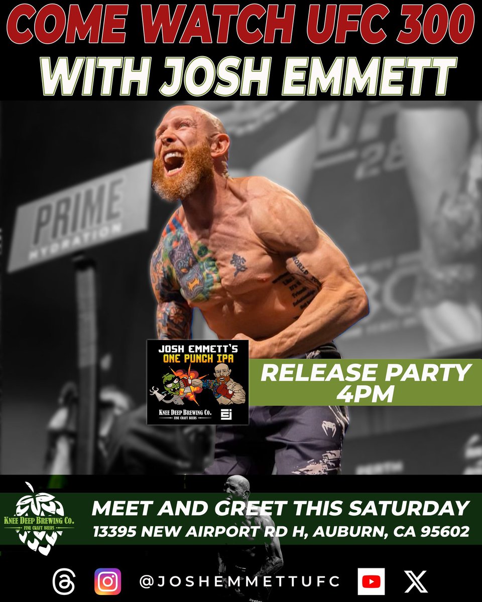 Hope to see EVERYONE AT @KneeDeepBrewing tomorrow at 4:00 pm for the launch of my #OnePunchIPA 🤜 Come by grab a cold one 🍻 and watch #UFC300 with me! #IPA #JoshEmmettsOnePunchIPA #MMA #UFC #Beer #BeerLover