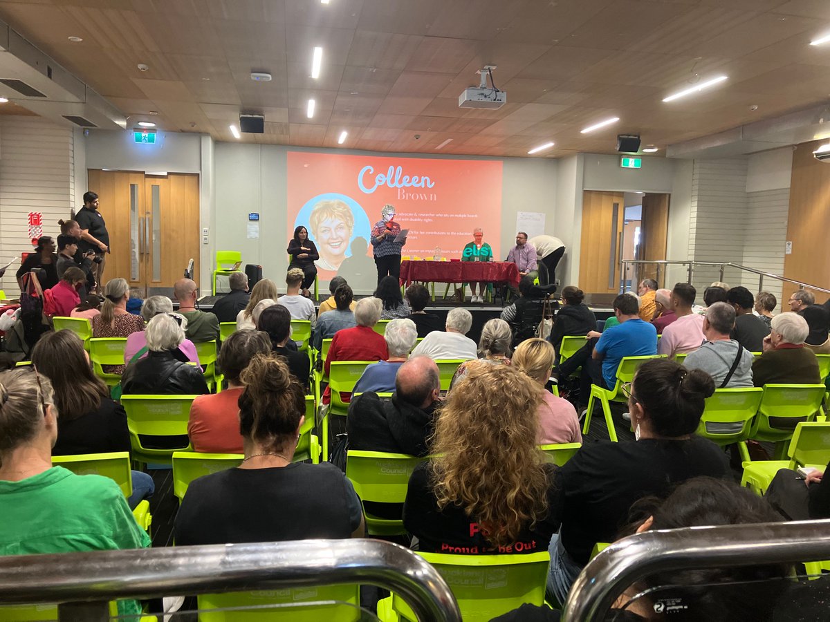 Colleen Brown (Disability Connect) at public meeting in Akl on disability funding cuts, hosted by Priyanca Radhakrishnan, says: to carers for disabled people - “you are worth it and you’re not alone”. She says: “I think you can gather, I am pretty angry about this [these cuts].”