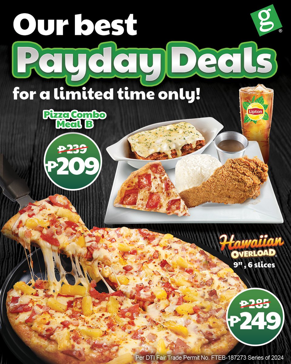 Our best weekday payday deals yet! 🤩💸​ Indulge in our bestselling Pizza Combo Meal and Hawaiian Overload®, from April 15 to 17 only! Hurry and grab these deals now! ​ Greenwich Weekday Payday Deals are available for dine-in & take-out in all Greenwich stores nationwide.