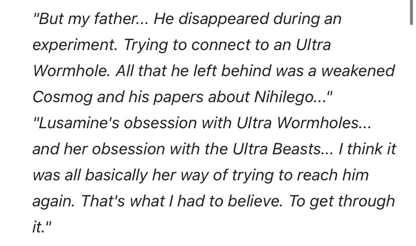 lusamine is obsessed with things being “beautiful”, “precious”, she calls the UBs and her pokémon her “babies”.  all things you can call both your spouse and your children. and who was studying nihilego, the pokémon she loves most?

it was the person she loved the most.