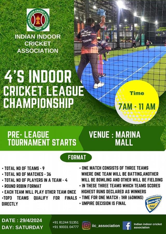 Indian Indoor Cricket Association presents 4A Side #Indoor #Cricket League Championship. The #tournament to be held on 29th April 2024. Held at The Marina Mall, Egattur, #Chennai. @tournaments_360 @ChennaiTimesTOI @marinamall_chn
