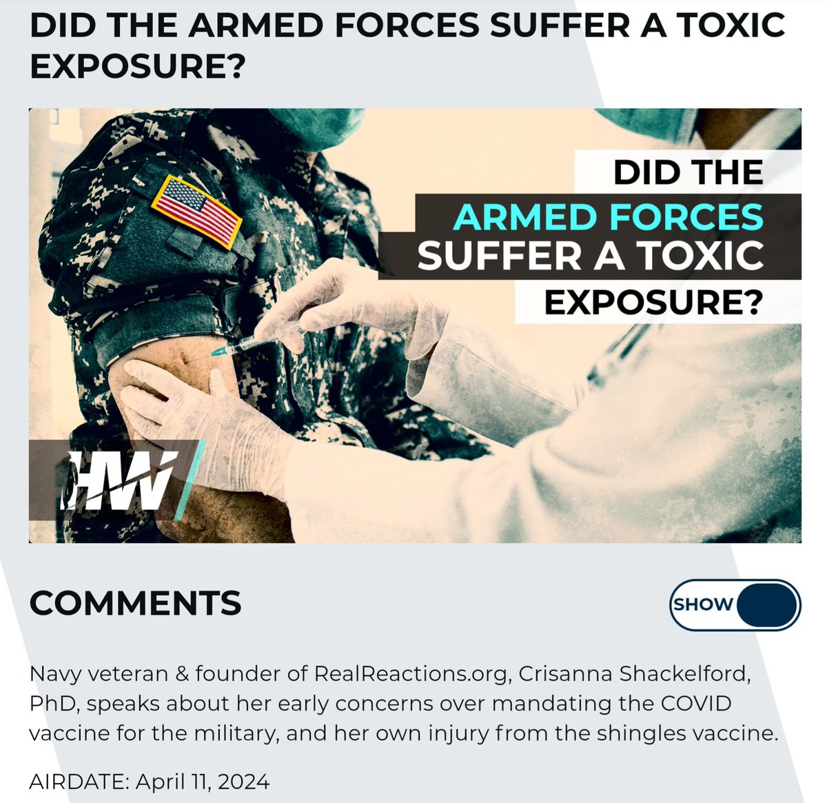 Watch: @DrC_Shackelford and @HighWireTalk discuss the question, Did DOD mandate a Toxic Exposure Risk Activity TERA-RELATED toxic exposure risk associated with Covid-19 shots! Toxic spike protein! Defense Readiness posture implications! @RealReactionsNP thehighwire.com/ark-videos/did…