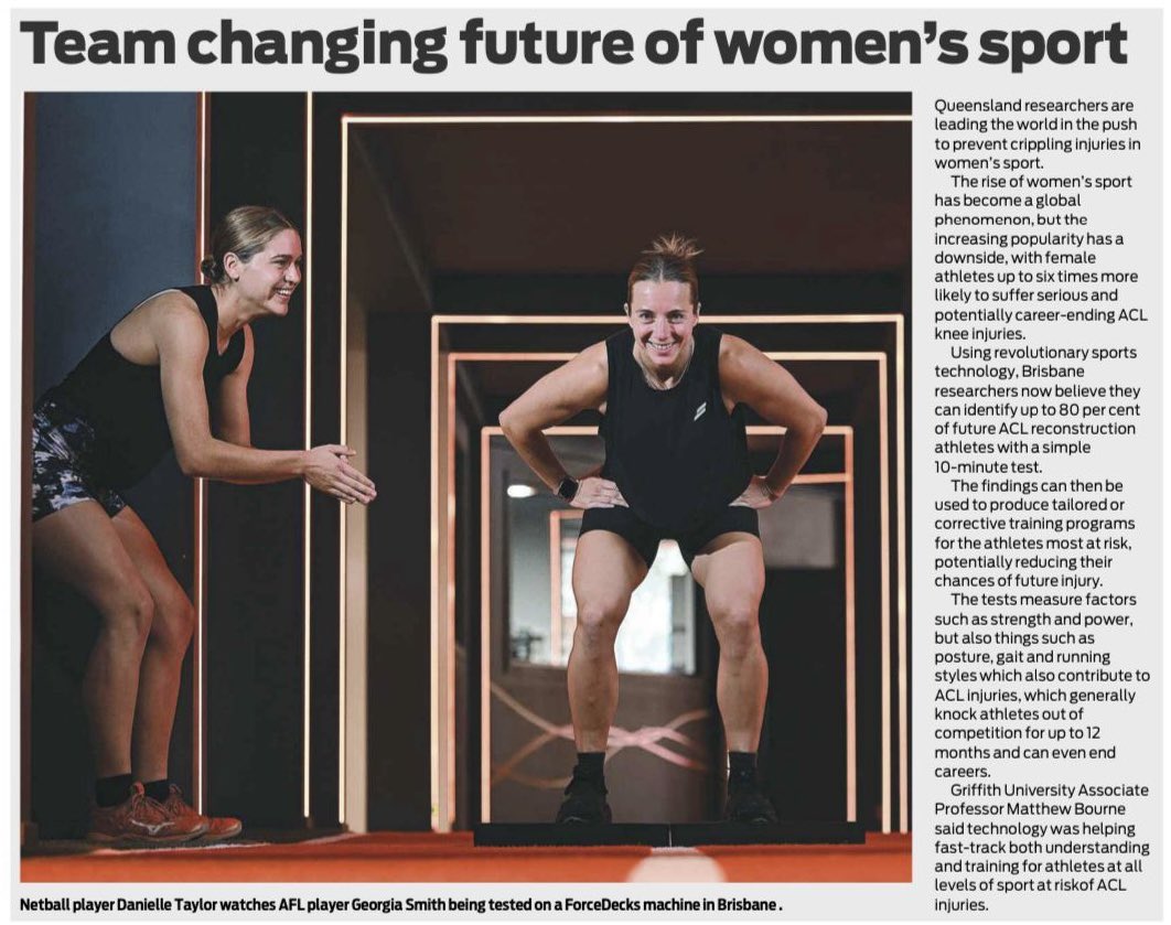 Nice article in the @couriermail today on @Griffith_Uni and @VALDPerformance efforts to reduce ACL injuries in women’s sport. Kudos to @TylerCollings3 and @YuriLimaPT for spearheading this work. couriermail.com.au/business/qld-b…