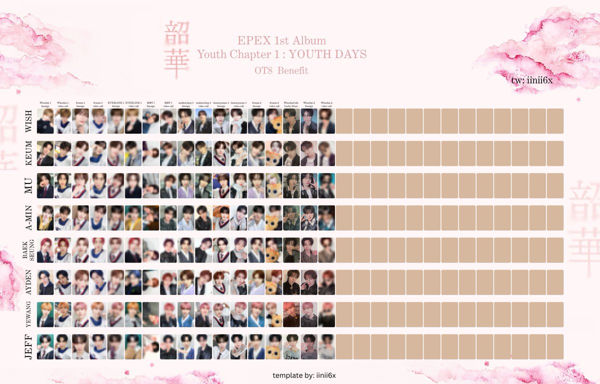 EPEX template

Youth Chapter 1 : YOUTH DAYS
POB OT8

Photo here ⤵️

drive.google.com/drive/folders/…

#이펙스 #위시   #WISH   #금동현 #KEUM #뮤 #MU #아민 #AMIN #백승 #BAEKSEUNG #에이든 #AYDEN #예왕 #YEWANG #제프 #JEFF #EPEX交換 포카 리스트 トレカ 이펙스 양도