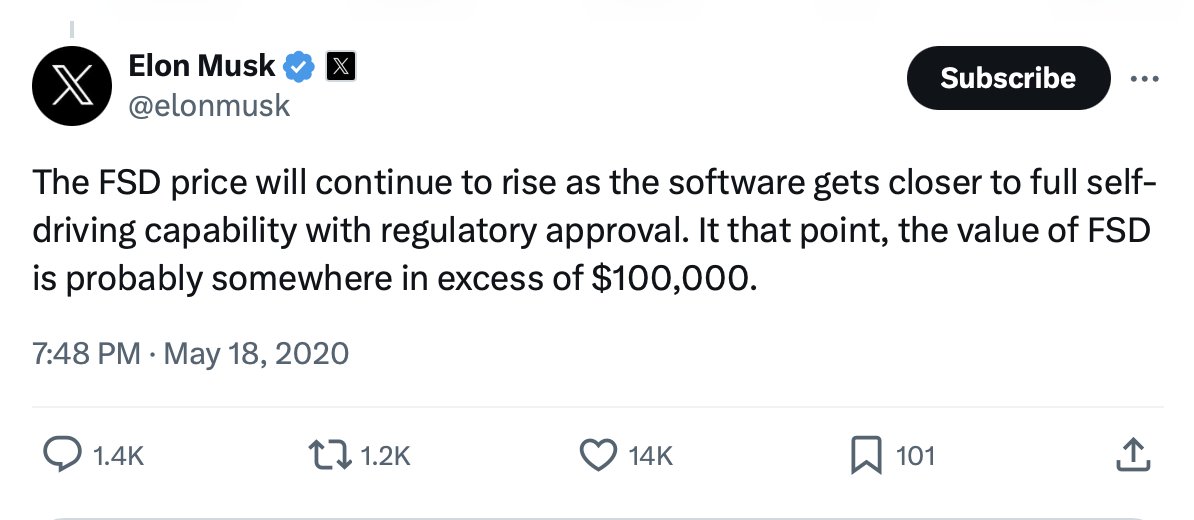 So Tesla's FSD [Full Self Driving] option went from being worth more than $100,000 to being worth less than $100/month. That makes even DJT stock look like a winner.