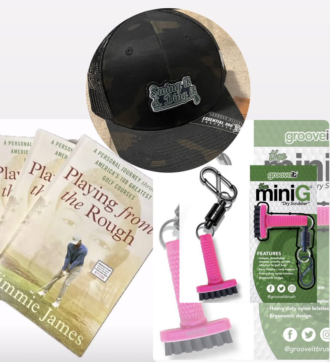 🚨Big #themasters Week Giveaway! ⚫️ Swing It & Ding It Hat ⚫️ Signed @Top100GolfNomad Book ⚫️ MiniG @grooveitbrush ⚪️ Post pic of how you listen or watch Swing It & Ding It ⚪️ Tag @it_ding @harrymayesTU @dmatthews924