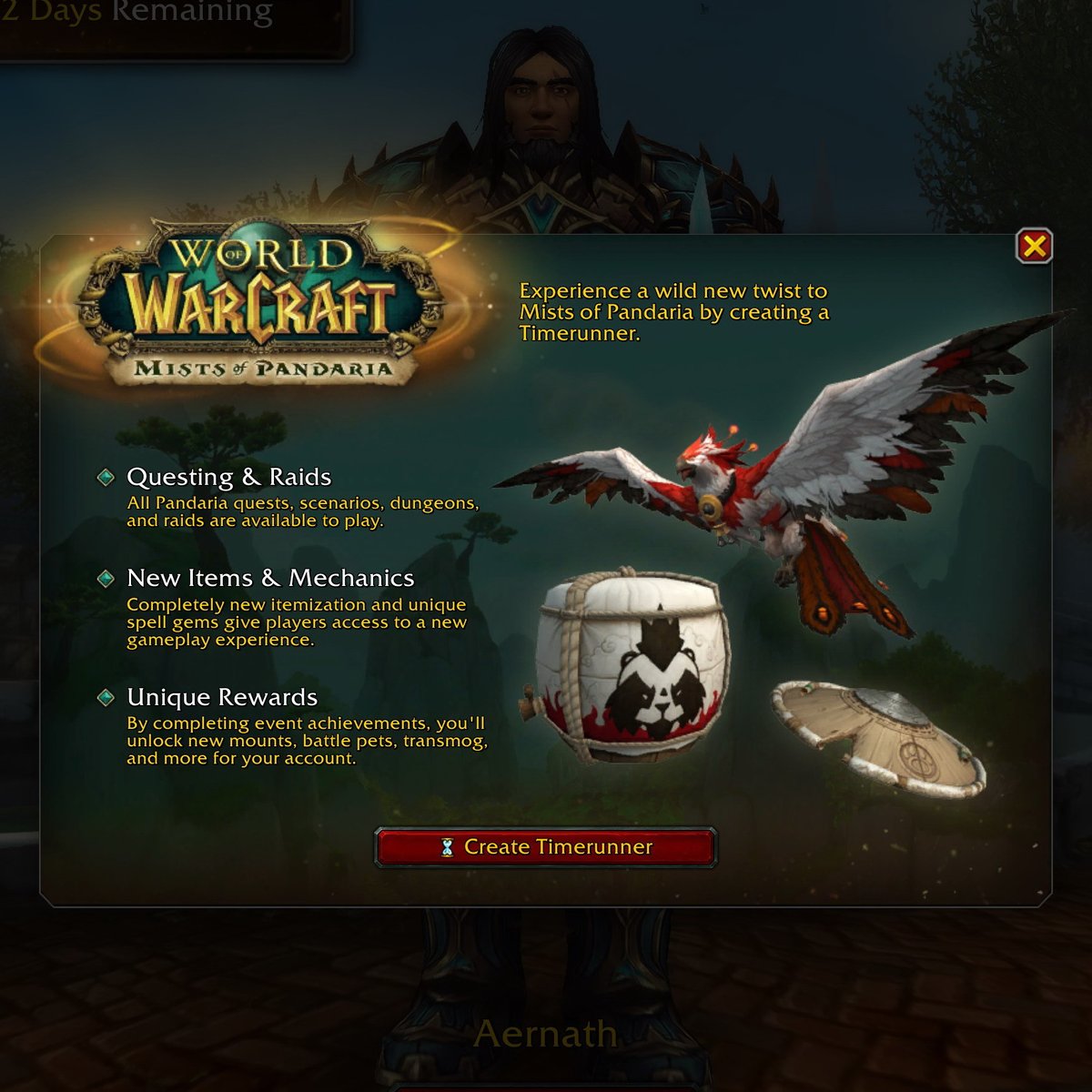 Aernath's tweet photo. #MistsOfPandaria #Timerunning TESTED (a bit)
+ Different mode like Plunderstorm
- Needs a new char
+ Like Chromie Time but Enhanced into Infinite Dragonflight Time with quests
+ You can fly AND dragonride from start
- No Old Wrathion Cloak Questline?
#WorldOfWarcraft 10.2.7 #PTR https://t.co/2ifXHt8Yj5