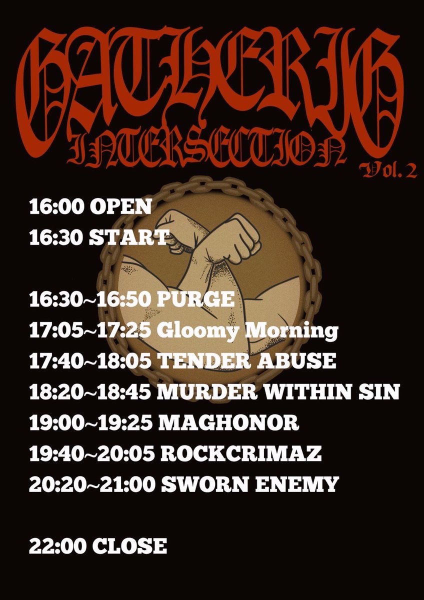 purge_hc's tweet image. 🔥本日🔥

4/13(土) 新栄REFLECT HALL
&quot;GATHERING INTERSECTION&quot; vol.2
~SWORN ENEMY JAPAN TOUR 2024~

OPEN 16:00 / START 16:30
TICKET ¥5,000 / U20 ¥2,500

-BAND-
SWORN ENEMY
ROCKCRIMAZ
MAGHONOR
TENDER ABUSE
MURDER WITHIN SIN
Gloomy Morning
PURGE

-FOOD-
Rikuya (Menos Of Majority)