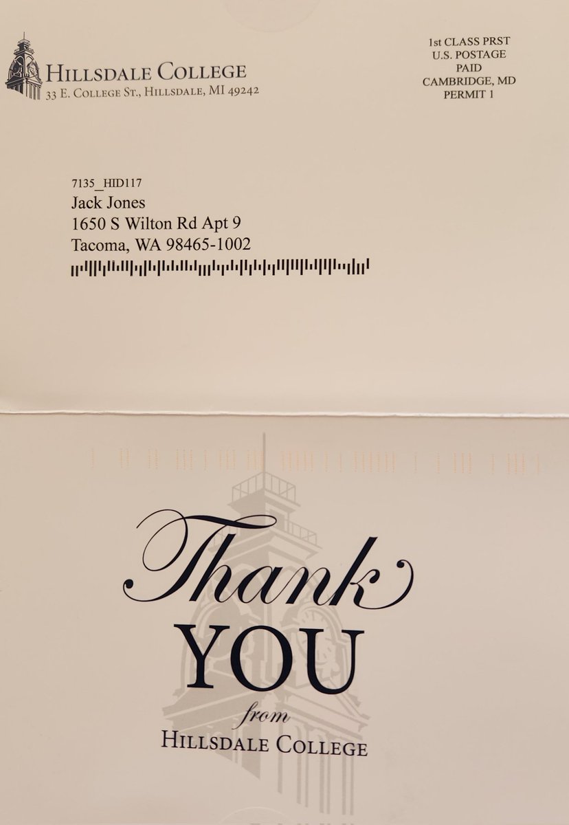 .@Hillsdale how thoughtful of you to send this lovely card. However, based on my donation, per your solicitation, I was supposed to receive 2 C S. Lewis DVDs. That hasn't happened! How Christian of you! This place is an obvious scam! DO NOT SUPPORT THEM!!! #Thieves #Scam #Jesus