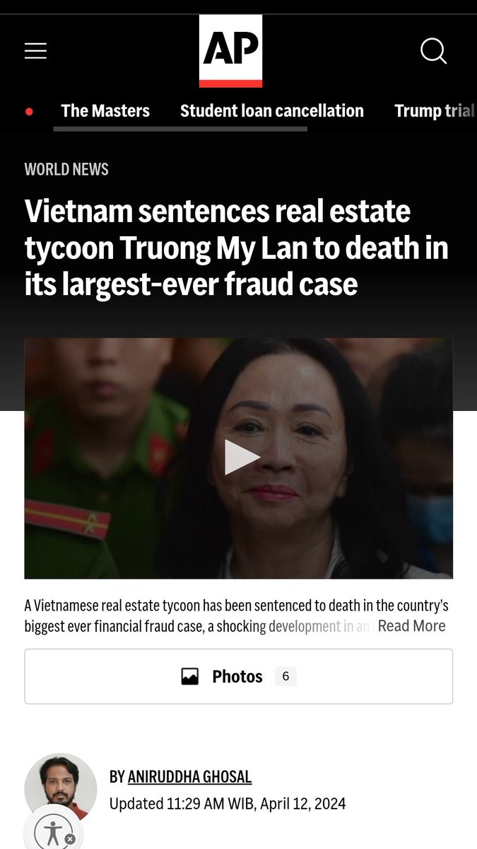 Kabar dari Tetangga Taipan real estate Vietnam Truong My Lan dihukum mati karena terlibat kasus korupsi senilai kira2 Rp 200 triliun.