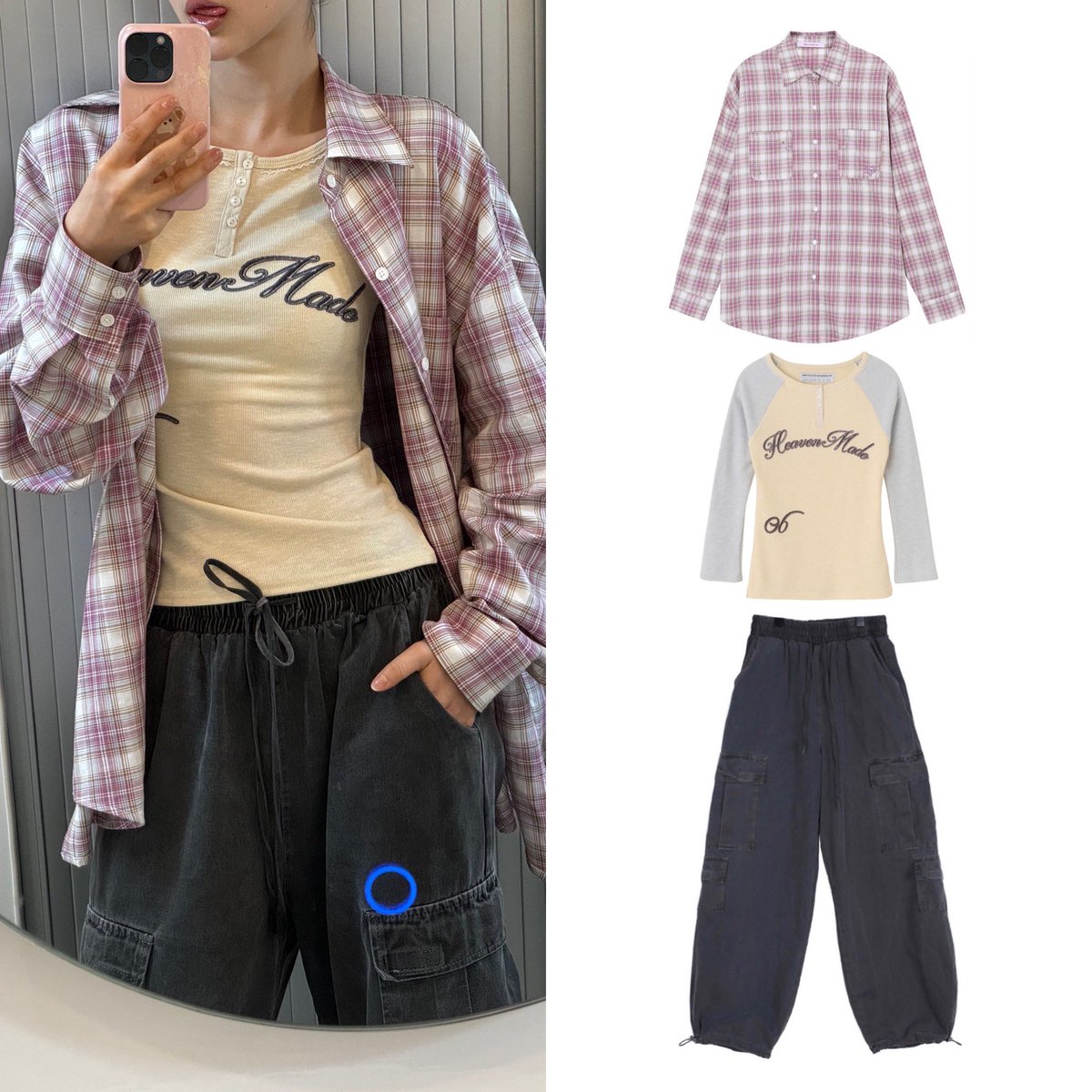 240413 Phoning Setupexe Over Check Shirt ₩82,000 Sculptor Heavenly Button Down T-Shirt Beige ₩62,000 Simplymood Double Cargo Banding Pants ₩57,000 #NewJeans #뉴진스 #Danielle #다니엘