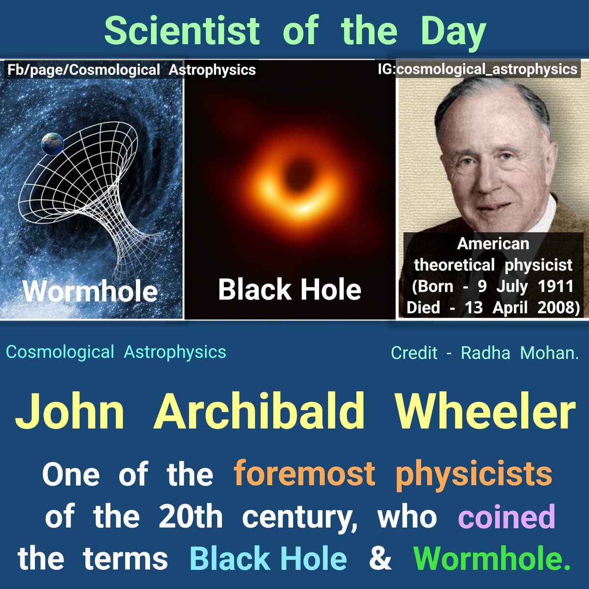 It's death anniversary of #JohnArchibaldWheeler, one of the foremost physicists of the 20th century -

(Scientist of the Day - 13 April)

He was one of #AlbertEinstein's last collaborators and, in later years, became the father of modern #generalrelativity.