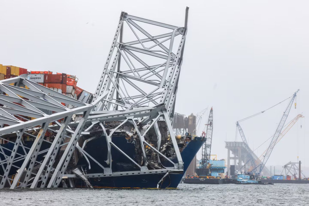 Progress continues as crews continue to remove debris from the collapsed Francis Scott Key Bridge in Baltimore. The US Coast Guard has opened two temporary channels to allow essential commercial vessels to continue to pass through the area while clean up continues. #DemVoice1