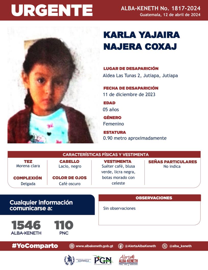 #AlertaAlbaKeneth⚠️ | Karla Yajaira Nájera Coxaj, de 5 años de edad, desapareció el 11 de diciembre de 2023, en Jutiapa, Jutiapa. 🔁 Comparte y ayúdanos con su localización. 📞 Si tienes información llama al 1546.