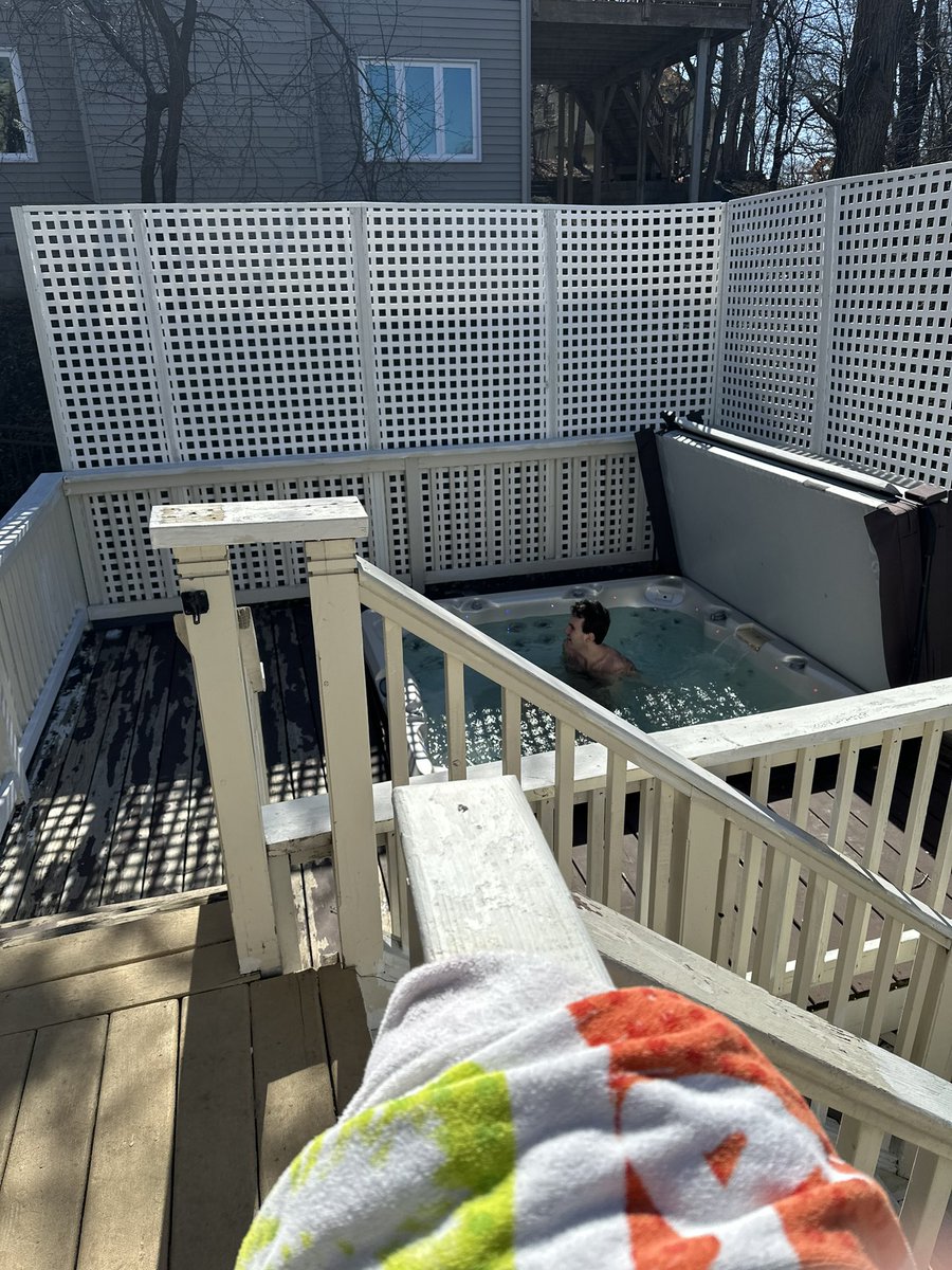 He loves the sensory input from the hot tub. We put extra screens around the deck because he often sits in the hot tub. #Autism