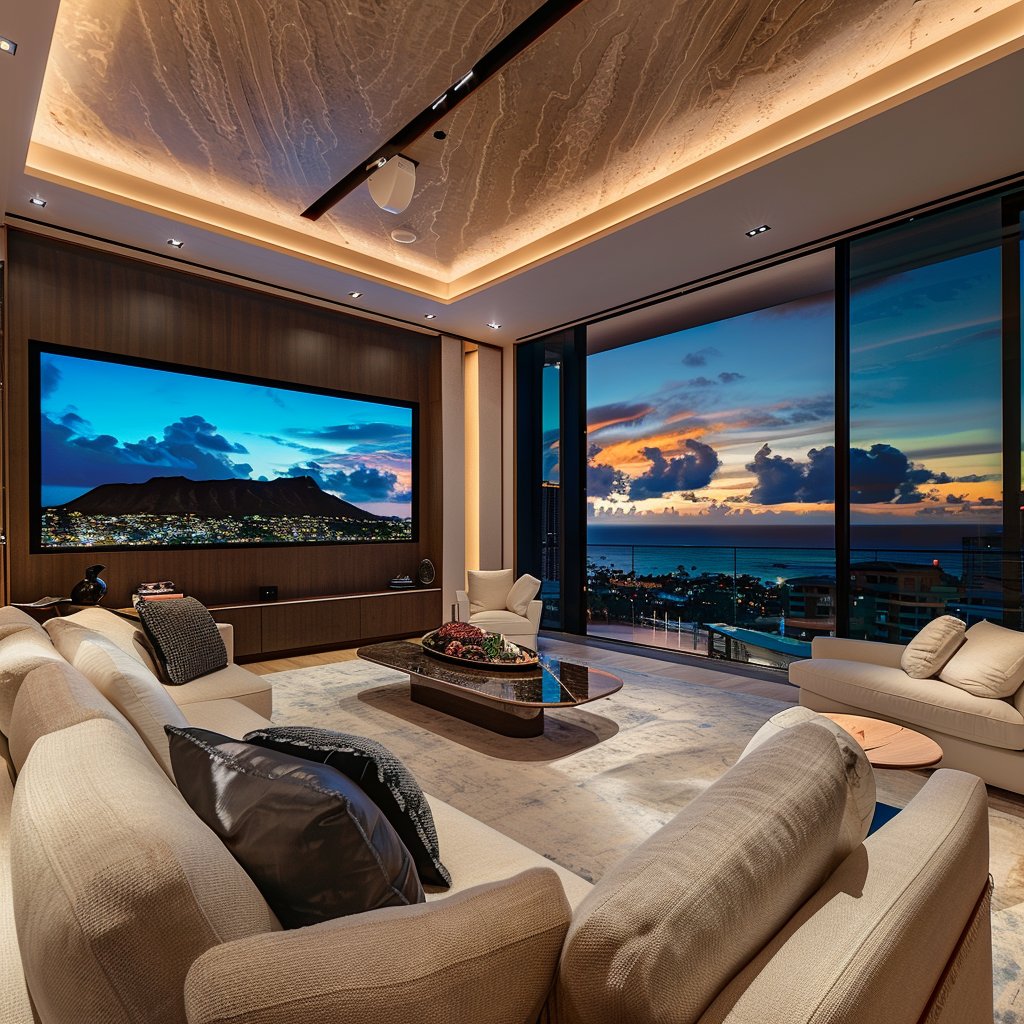 The cinematic magic begins in a room where luxury meets leisure—my friend's home theater. Here, comfort isn’t just a feeling, it’s an art form, from the plush seating to the panoramic view. It's an immersion in elegance. 🎥🌴 #MovieNight #ElegantInteriors #TropicalHaven