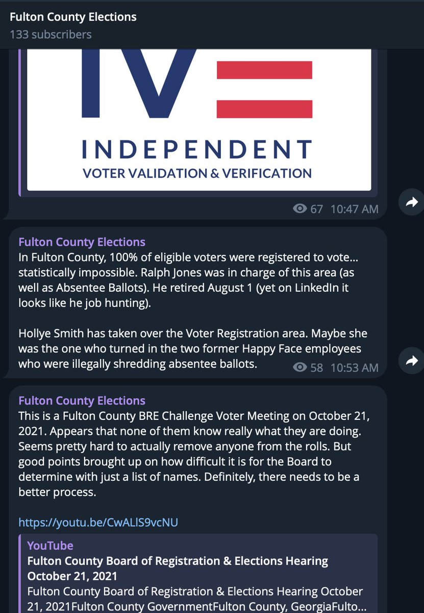 THREAD: Bridget Thorne, an election denier-turned Fulton Commissioner, runs a Telegram channel that harasses election workers, pushes election disinfo, and has the end goal of undermining Fulton’s elections. I’ve watched it for 3 years. ⬇️🧵 #gapol