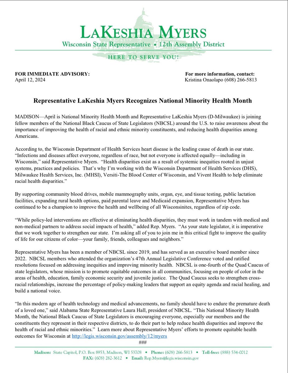 RepMyers's tweet image. April is National Minority Health month; as a member of ⁦@NBCSL77⁩ I’m encouraging Wisconsinites to learn more about preventative heath services. #NBCSL #Healthmatters