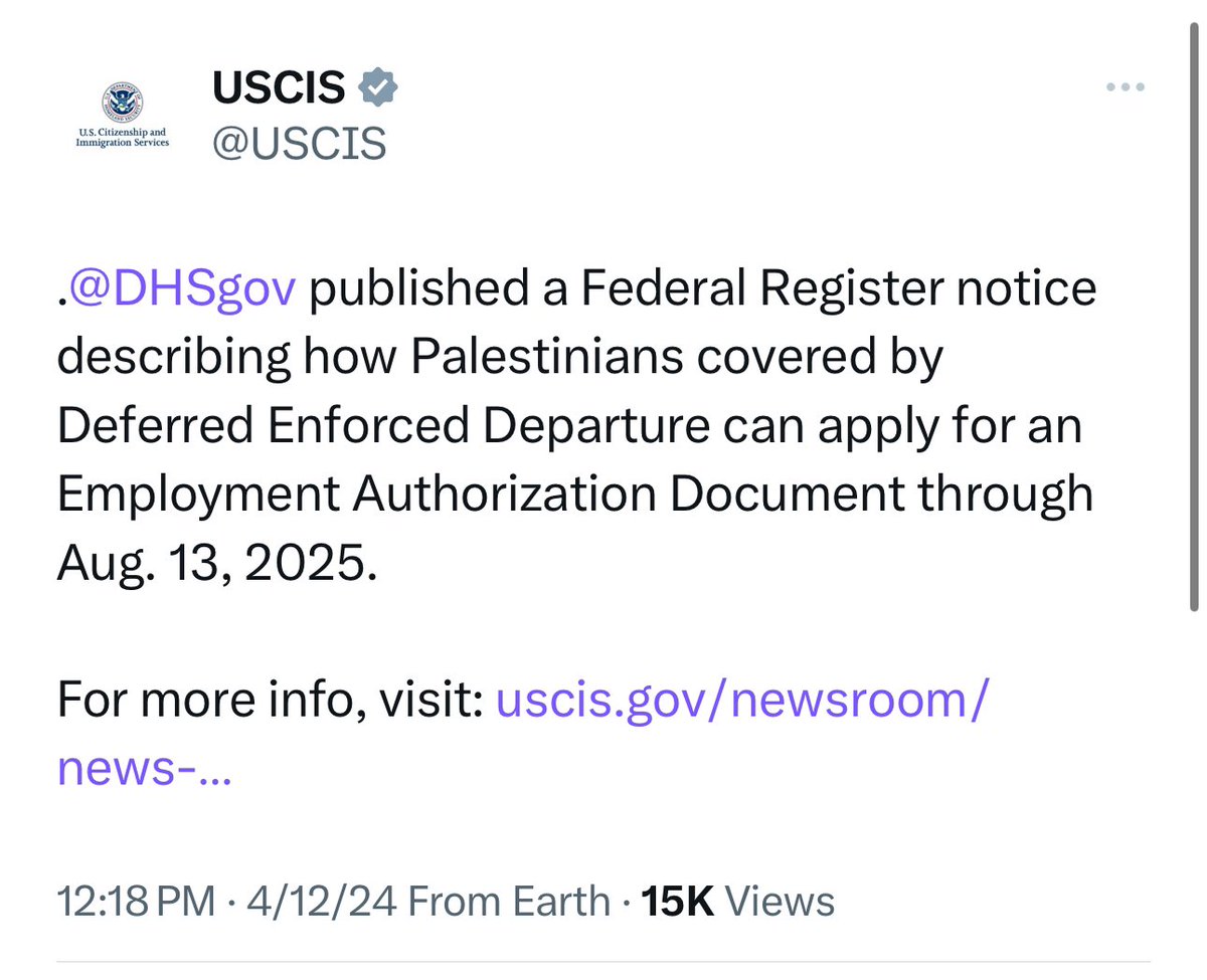 🚨🚨🚨 BREAKING: JOE BIDEN IS GIVING PALESTINIAN INVADERS WORK PERMITS!!! This is a post posted by @USCIS 9 hours ago. I called it. In 2023 I said Biden would be resettling these jihadists and protecting them with work and residency in the US. This insanity needs to end.