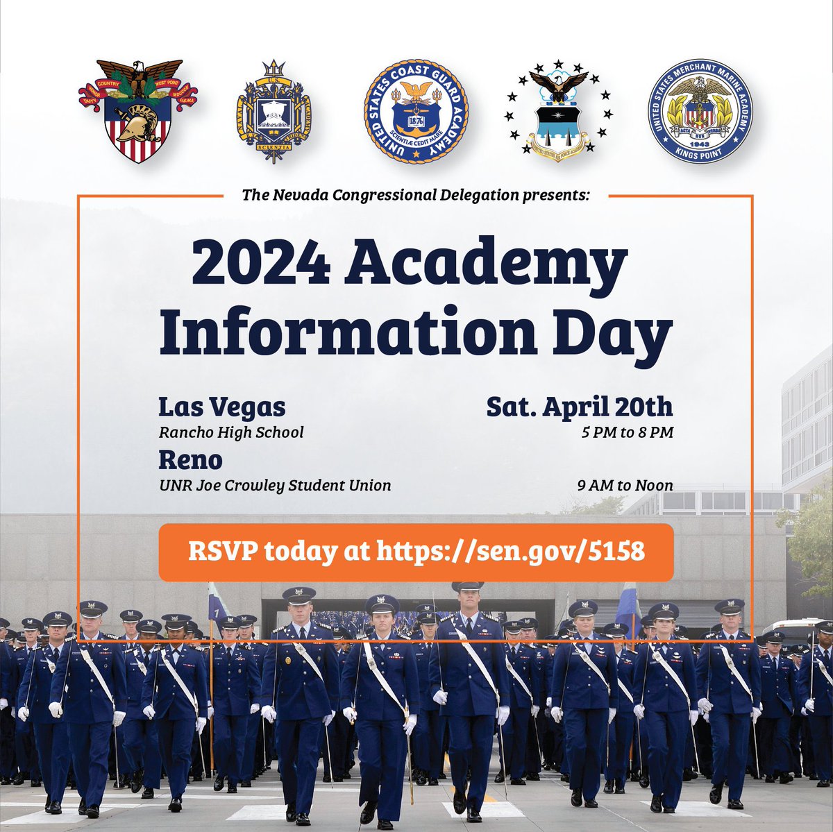 Every year, it's my privilege to nominate Nevadans to attend our U.S. Service Academies. If you are considering applying to any of the academies or ROTC programs this fall, join my team next Saturday, April 20th for an information session.   RSVP here: sen.gov/5158