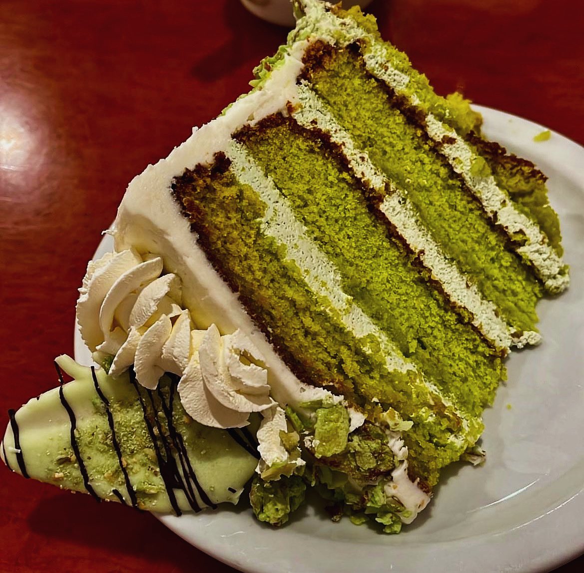I just consumed this pistachio cake from Sherman’s Deli in Palm Springs. No regrets detected.