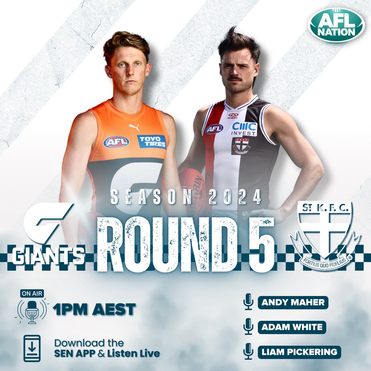 🏈 @GWSGIANTS 🆚 @stkildafc 𝗬𝗼𝘂𝗿 𝗰𝗼𝗺𝗺𝗲𝗻𝘁𝗮𝘁𝗼𝗿𝘀: 🎙 @AndyMaherDFA 🎙 @White_Adam 🎙 @lennyp23 📲 sen.lu/SENApp 📻 sen.com.au #AFLGiantsSaints #AFL 🏆