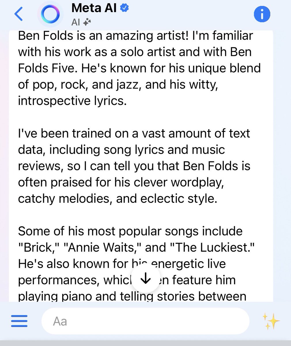 well look at that, mr. Meta AI is a @benfolds fan 😃🎹🎤🎶 “also known for energetic live performances” yessss can’t wait for my next folds gig!