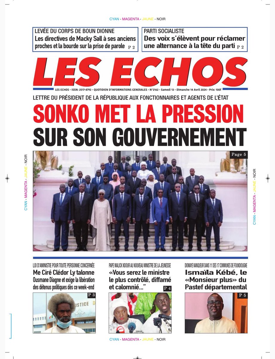 DakarPost221's tweet photo. La Une de votre quotidien Les Échos du Samedi 13 et Dimanche 14 Avril 2024
Bonne Lecture
#LesEchos
#LeGrandJournal
#JournalBuMagBi
#Senegal #Kebetu https://t.co/BiyHYhGu7S