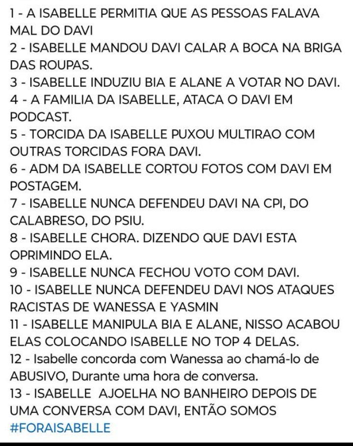 tuitacarlinhoss's tweet photo. 13 motivos pra o fandom do Davi eliminar a grila! 💁🏾♂️ #ForaIsabelle https://t.co/r62abILTzk