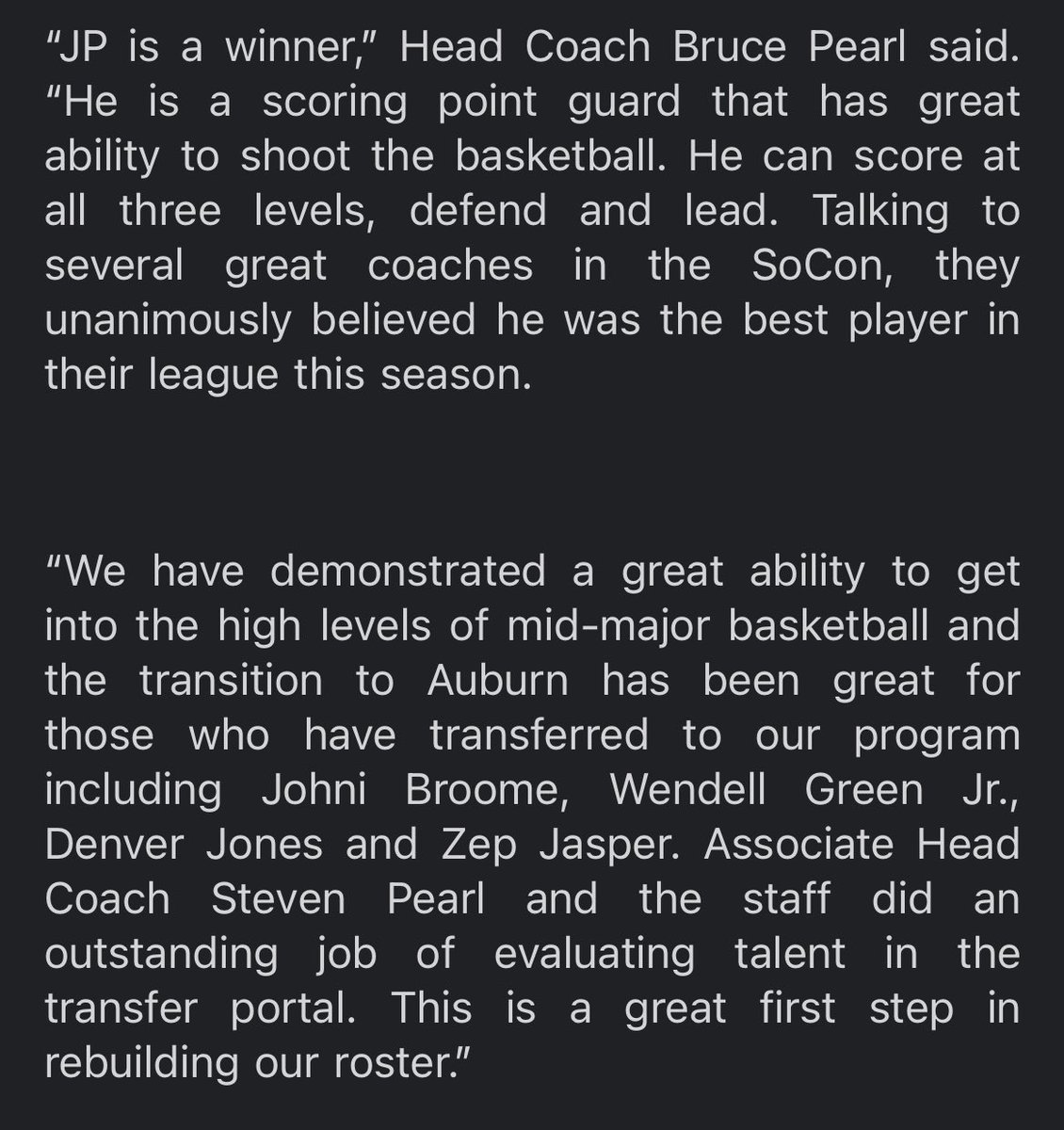 Bruce Pearl on new Auburn transfer point guard JP Pegues: