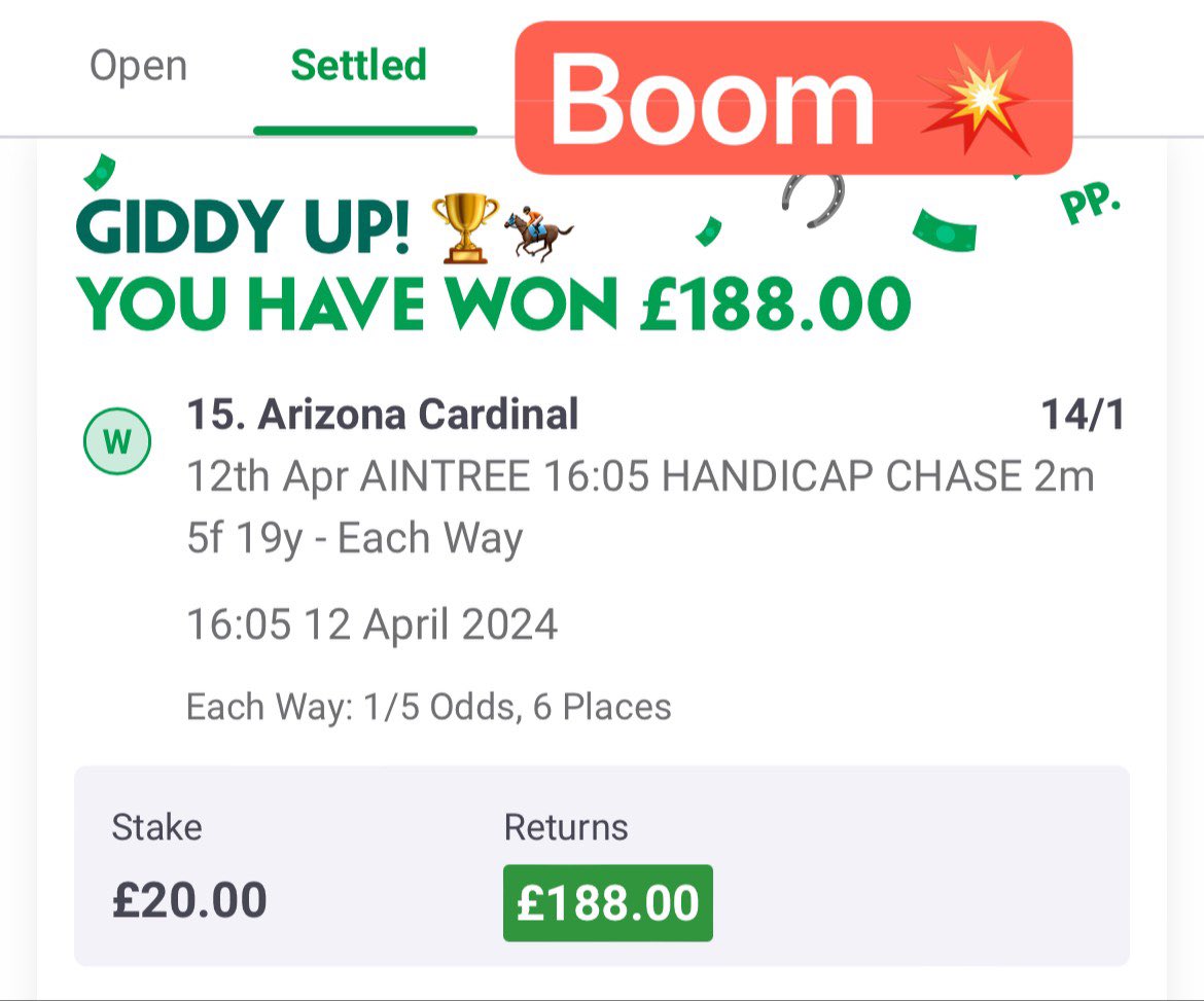 💥  Boom 💥 

20/1 SP - winner

#BookiesPayForMyHolidays 
#gamblelanded #winnersenclosure #bookies #bookiebashing #winningstrategy #bettingstrategy #cheltenham #horseracingukbet #cheltenhamfestival #cheltenhamraces

Join other happy subscribers on our Facebook page 👍🍀✅