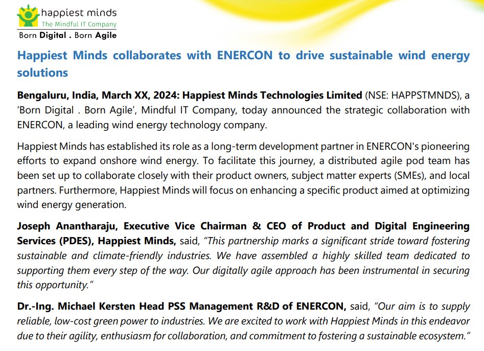 Happiest Minds collaborates with ENERCON to drive sustainable wind energy solution