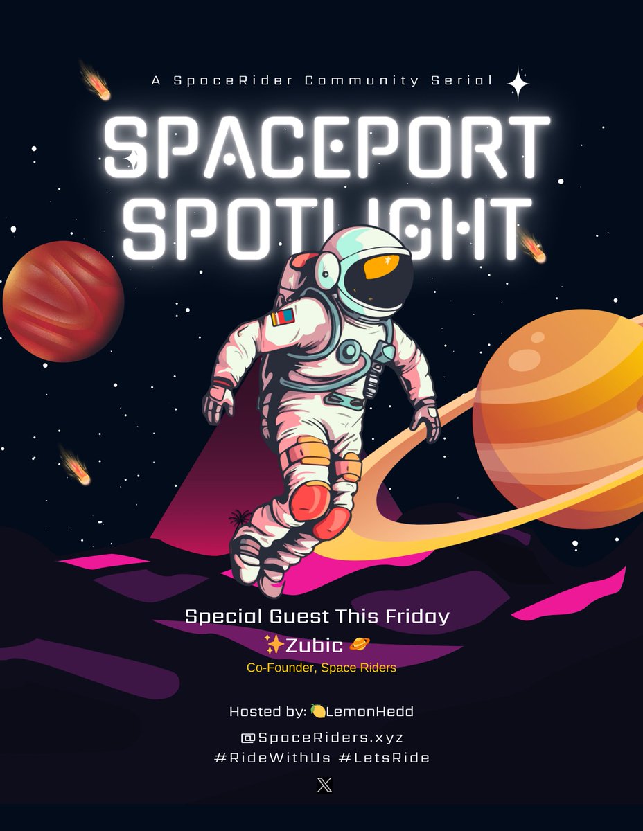 Welcome to serial issue No. 2 of

✨Spaceport Spotlight✨

Where we highlight a special guest from the Space Riders Community 

This issue:

🤩<a href="/zubic_eth/">zubic</a>🪐 

Co-Founder, <a href="/SpaceRidersXYZ/">Space Riders</a> 

A thread 👇

1/13