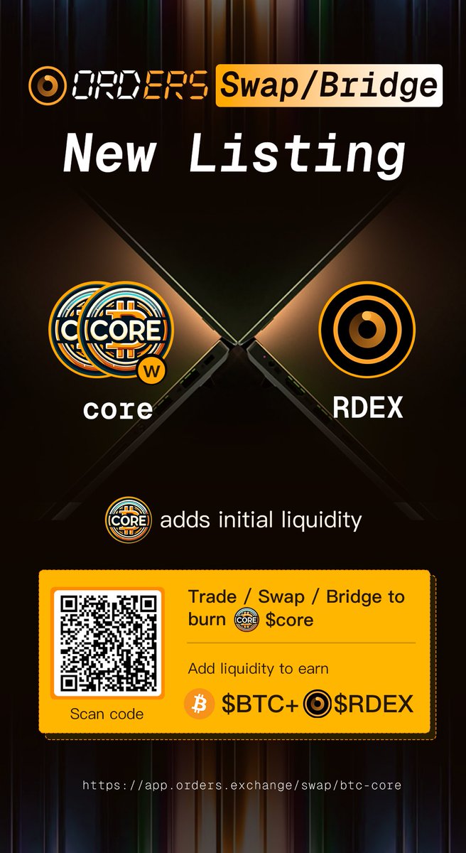 Welcome @corebrc20 to our collaboration! Join us at Orders.Exchange to add liquidity and trade, earning substantial $BTC and $RDEX, and helping propel $CORE into an era of infinite deflation. Together, let's enter the comprehensive deflation era of #BRC20! #Defi…