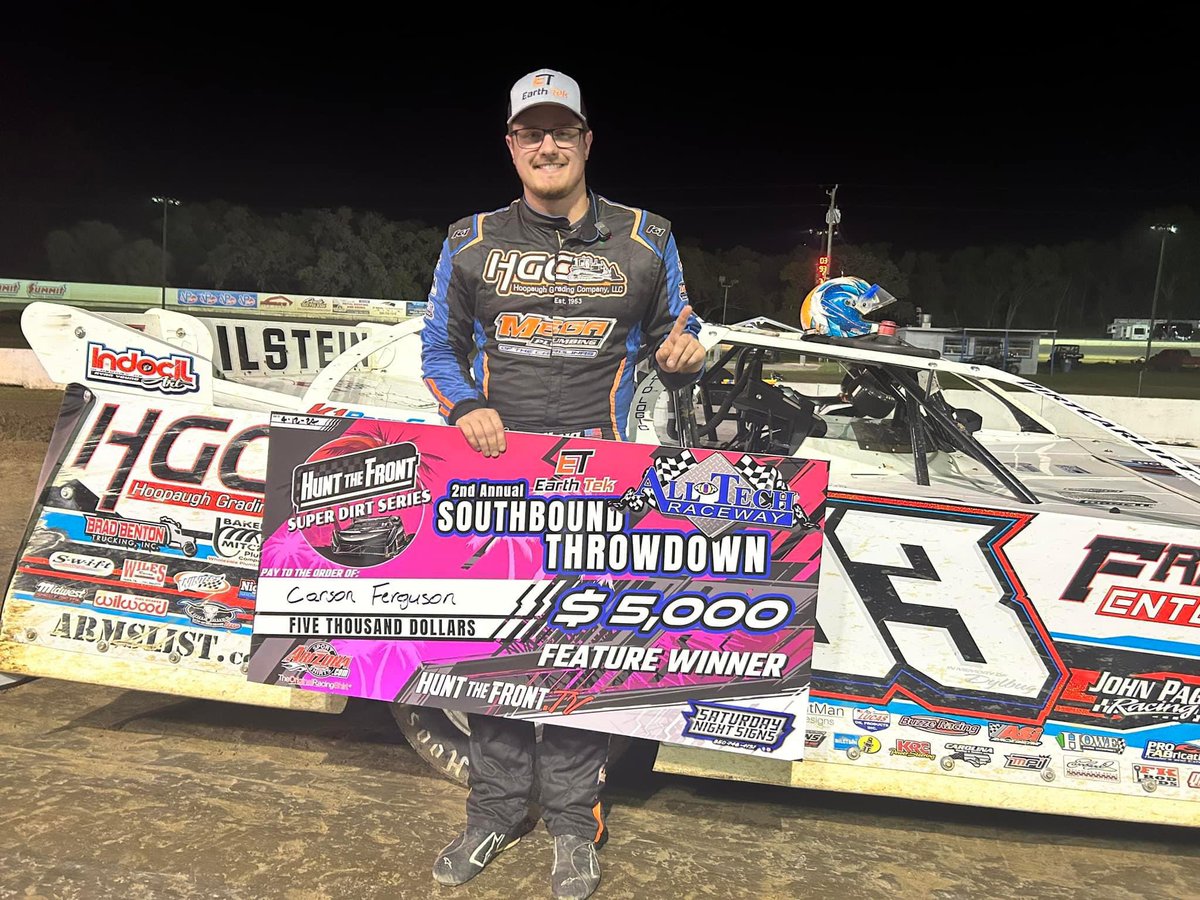 Leading all but the first two circuits, <a href="/carsonferguson/">Carson Ferguson</a> controlled the <a href="/HuntTheFrontSDS/">Hunt the Front Super Dirt Series</a> feature tonight at <a href="/AllTechRaceway/">All-Tech Raceway</a> to pocket the $5,000 first place prize money over Mark Whitener, Brandon Overton, Ashton Winger, and Trey Mills!! Great job Paylor Motorsports 👏🏼