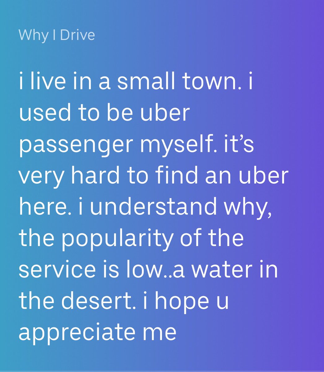 I just got to Dartmouth after a long travel day & was terrified I wouldn’t be able to get an Uber since the town is tiny—something I totally take for granted living in a big city. This is my driver’s bio, which is making me a little verklempt! Appreciate your service workers 🥹♥️