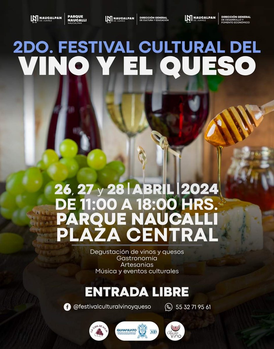 SoyNaucalpan's tweet photo. Del 26 al 28 de abril, el Parque Naucalli #Naucalpan será la sede del Segundo Festival Cultural del Vino y el Queso, destacando la participación de Perú como país invitado y el estado de Guanajuato como representante vitivinícola nacional. El evento promete una experiencia única para toda la familia, incluyendo presentaciones musicales y entretenimiento para los más pequeños.
https://t.co/qVq7T14RBz