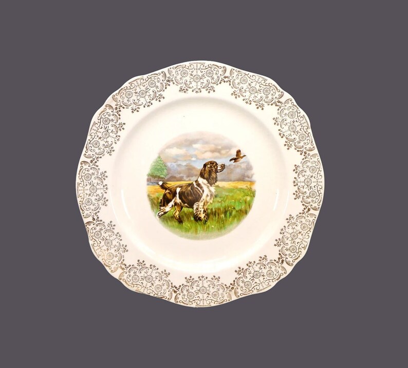 William Morley & Co Hunting Dog cabinet or display plate with filigree rim. Morley Ware made in England. etsy.me/4cYXi7N via @Etsy #BuyfromGroovy #antiqueshop #decorativeplate #walldecor #cabinetplate #WilliamMorley #MorleyWare #MorleyHuntingDog #doglovers #EtsySellers