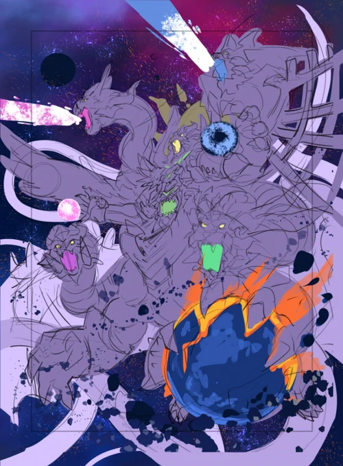 折角なのでミカドレオ描いた時のラフアップしときます。要素が多いクリーチャーなので最初に確認用に色でエリア分けしたものと、昔のデュエマのなんか背景が惑星規模になってるやつがこのクリーチャーの規模間ならいけるんじゃないかと思ってラフ切ったら「デカすぎる」とボツになったやつ。 