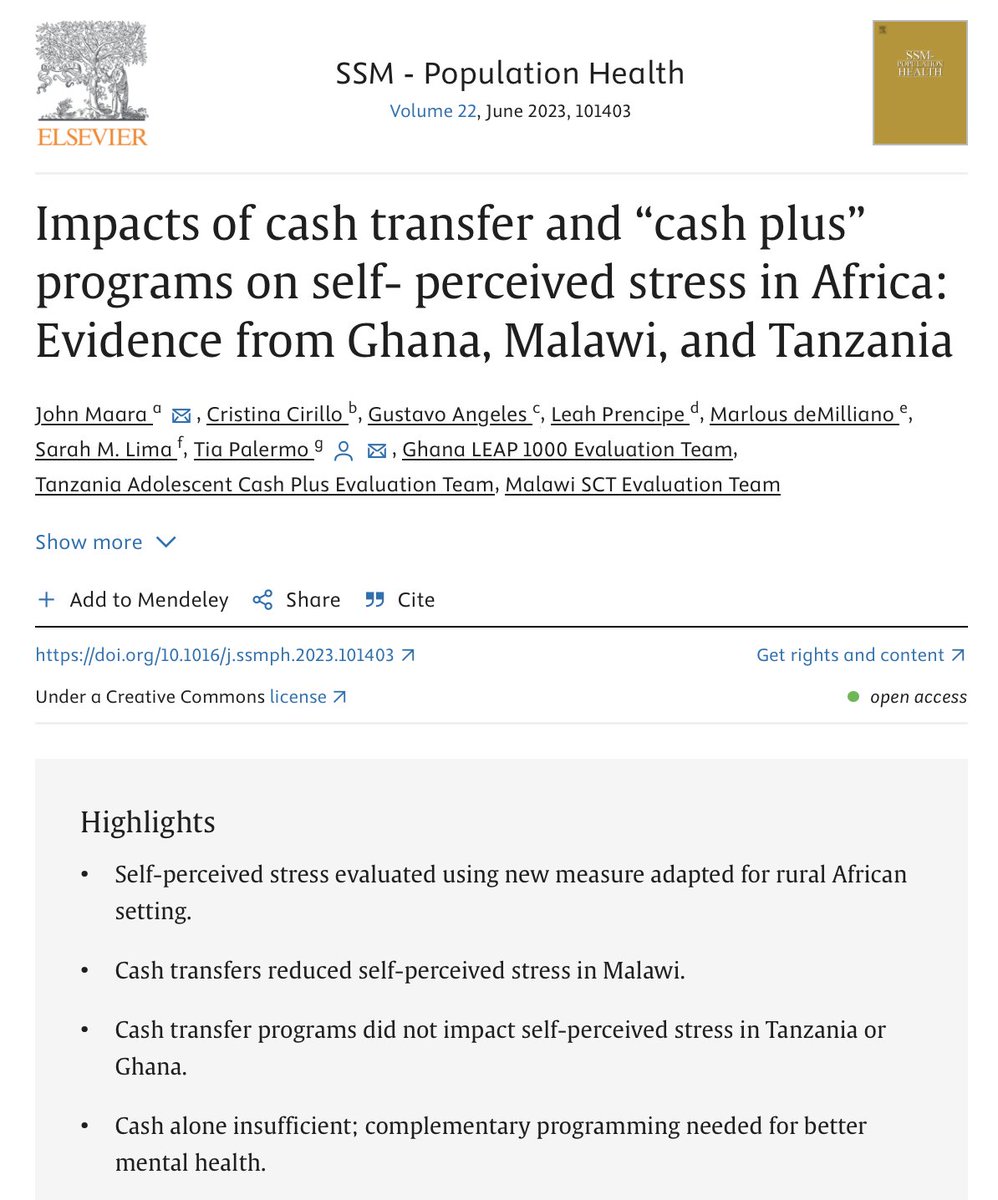Reassessing the 🔗 between #CashTransfers & self-perceived stress.

Maara, @Cri_Cirillo, Angeles, @LeahPrencipe, @mdemilliano, @SMLimaMPH & @TiaPalermo 

find that CTs ⬇️self-perceived stress in 🇲🇼, but programs in 🇬🇭🇹🇿had no impacts👇
sciencedirect.com/science/articl…