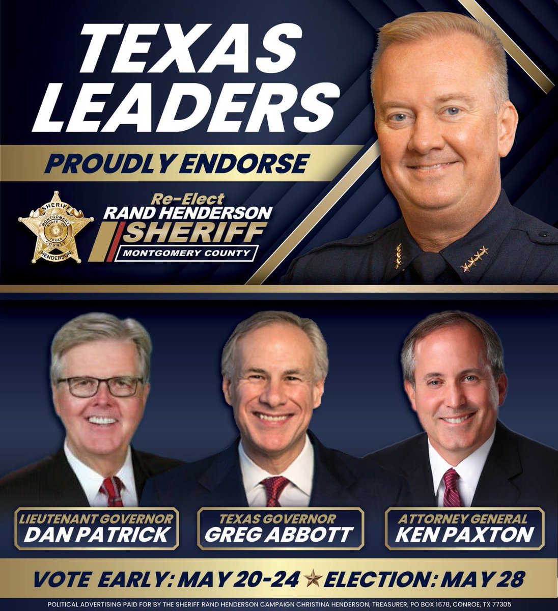 Humbled & grateful for the endorsements of Gov @GregAbbott_TX , Lt. Gov @DanPatrick , and Attorney General @KenPaxtonTX for my re-election. Their support fuels our mission to safeguard Texans' safety. Let's stand united against crime & protect our communities! #IStandWithRand