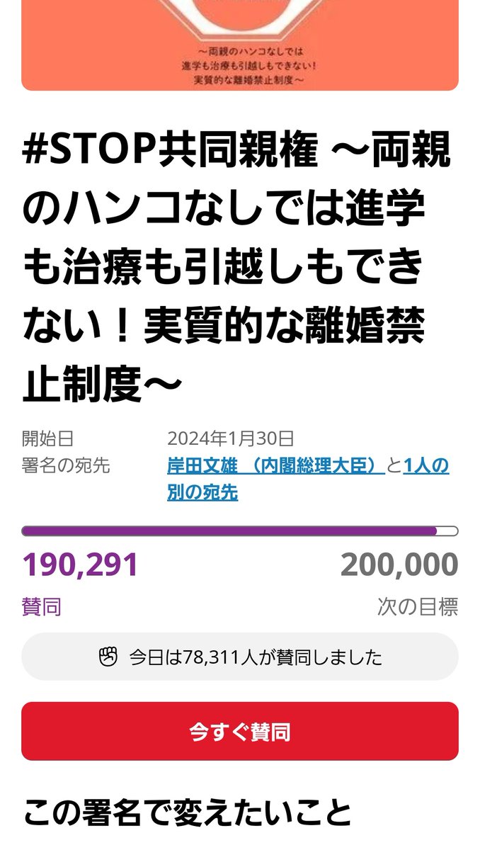 すごい！！！

#ちょっと待って共同親権 の署名、19万突破してる！！！！😳

04/11(木)→6万
04/12(金)→15万
今日→19万(11時半時点)

もう民意は明らかではないですか？
来週は参議院の存在意義が問われることになりそうですね…👀

#共同親権を廃案に
#れっつ炎上共同親権
#共同親権は離婚禁止制度