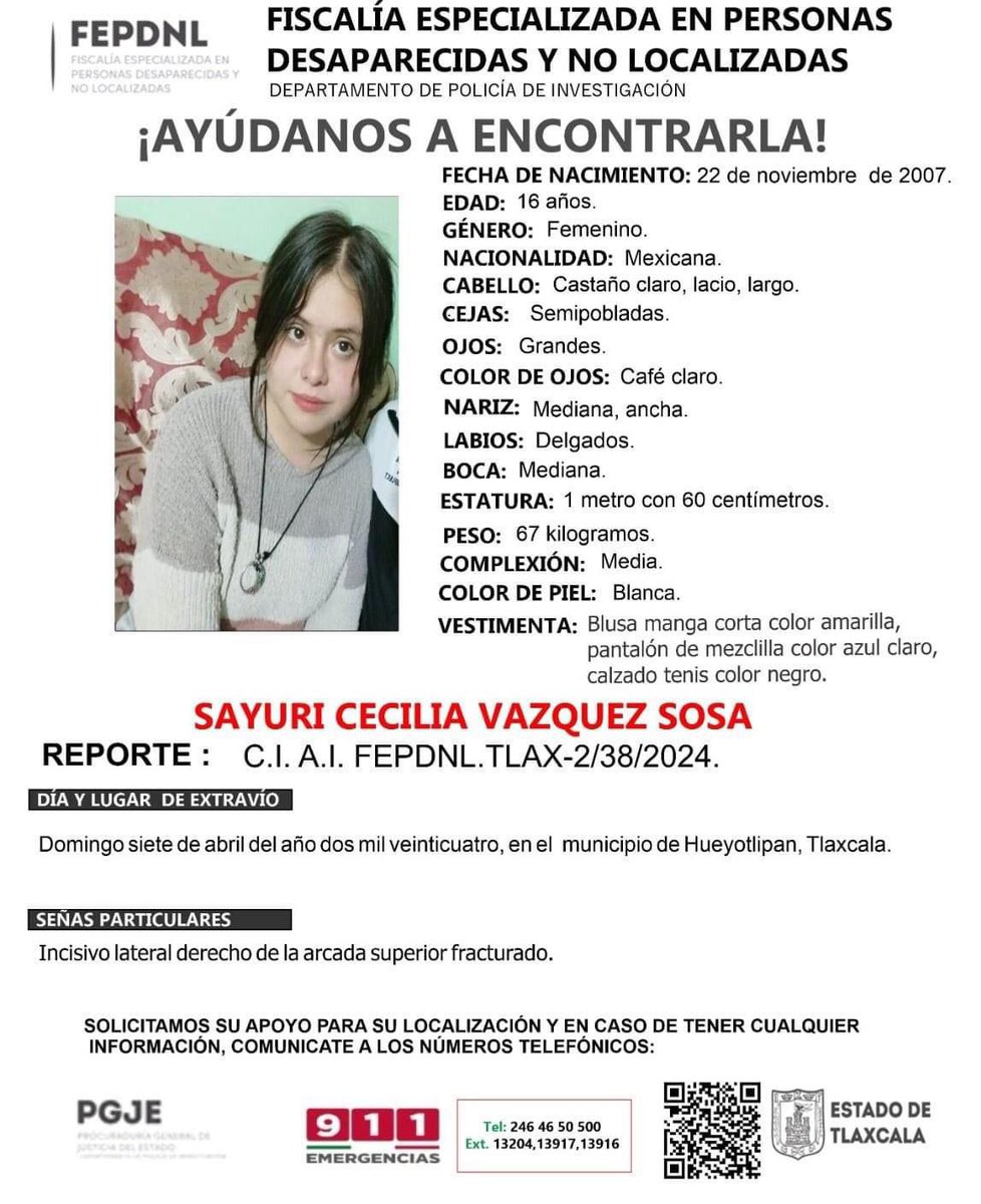 🚨¡Ayúdanos a encontrarla! Es sobrina de mis amigos., Sayuri Cecilia desapareció el día 07/04/2024 en Hueyotlipan, Tlaxcala. Hasta el momento no se sabe nada de ella, ayuden a compartir para que pronto regrese a casa con sus papás. 🙏