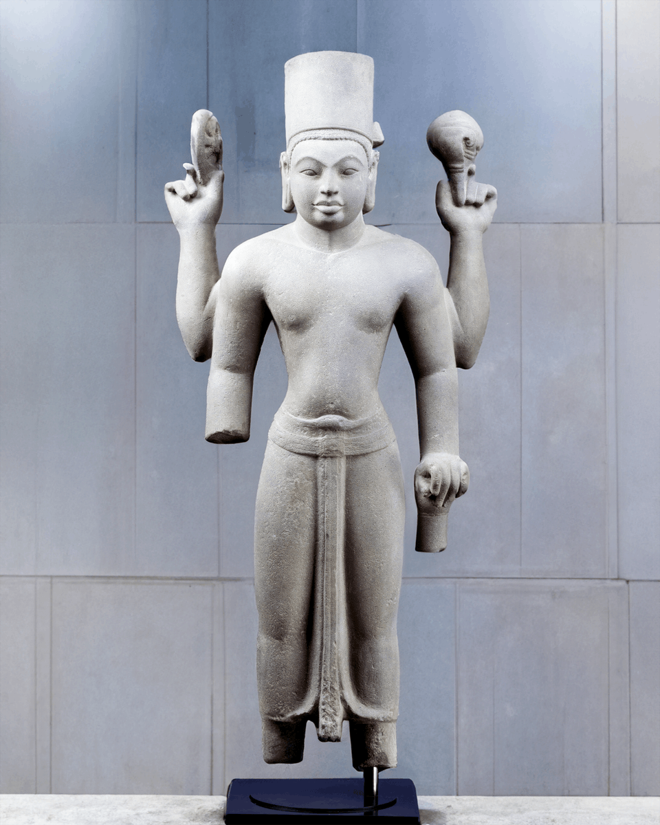 Title: Four-Armed Vishnu Rising Period: Pre-Angkor Era Date: Late 7th Century Culture: Vietnam (Mekong Delta) Medium: Stone Sculpture Dimensions: Height: 38 in. (96.5 cm) #Archaeology