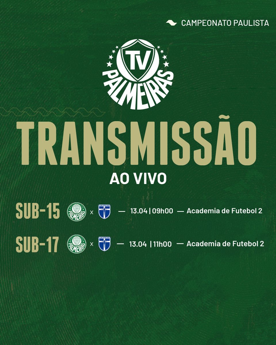 Fim de semana com o #MaiorCampeãoDoBrasil em campo! Hoje tem #CriasDaAcademia defendendo o manto e a TV Palmeiras/FAM mostra AO VIVO 🐷 🆚 Atlético Mogi Sub-15 | 9h 🆚 Atlético Mogi Sub-17 | 11h 🏟️ Academia de Futebol 2 📺 bit.ly/3vGhjPL #AvantiPalestra