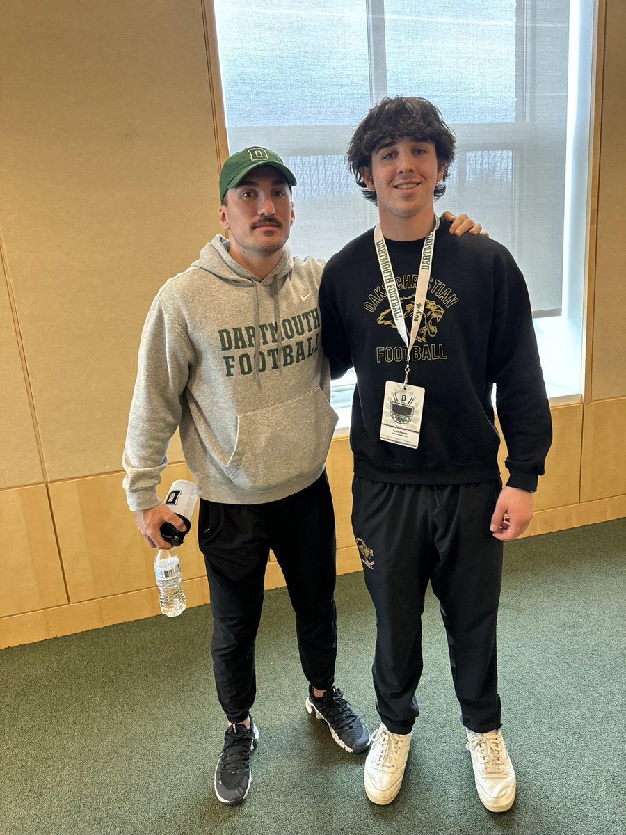 I had an amazing time @DartmouthFTBL last weekend! Thank you @coachirishodea @CoachJoeCas @Coach_McCorkle and @CoachDaft for an incredible visit and junior day. I’ll be back this summer! @oclionsfootball @ThePuntFactory @Chris_Sailer @_ColeMurphy_ @gerry_flintoft @805CP…