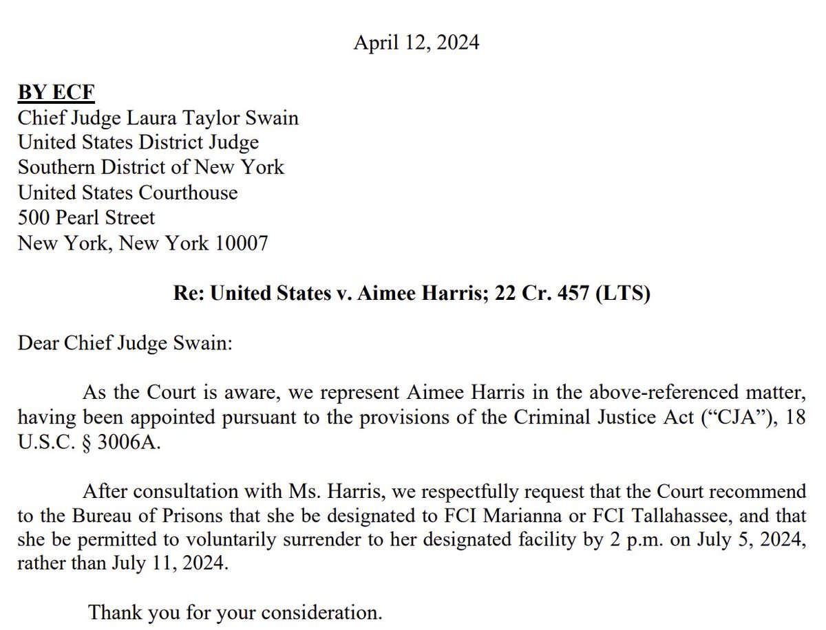 Requests: Aimee Harris After Guilty Plea on Ashley Biden Diary Was Sentenced to 1 Month Prison Now Requests 1 of 2 Prisons, and July 5 Start Date - Inner City Press story: innercitypress.com/sdny37pfifthca…