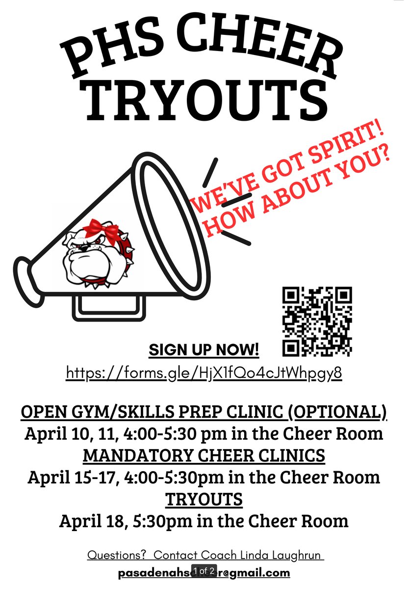 We've got Spirit! How about you? Tryouts for Pasadena High School 2024-2025 Cheer are coming soon. Clinics begin Monday, April 15th. Use the link or the QR code on the flyer to sign up. #GOBulldogs #pasadenahighschool