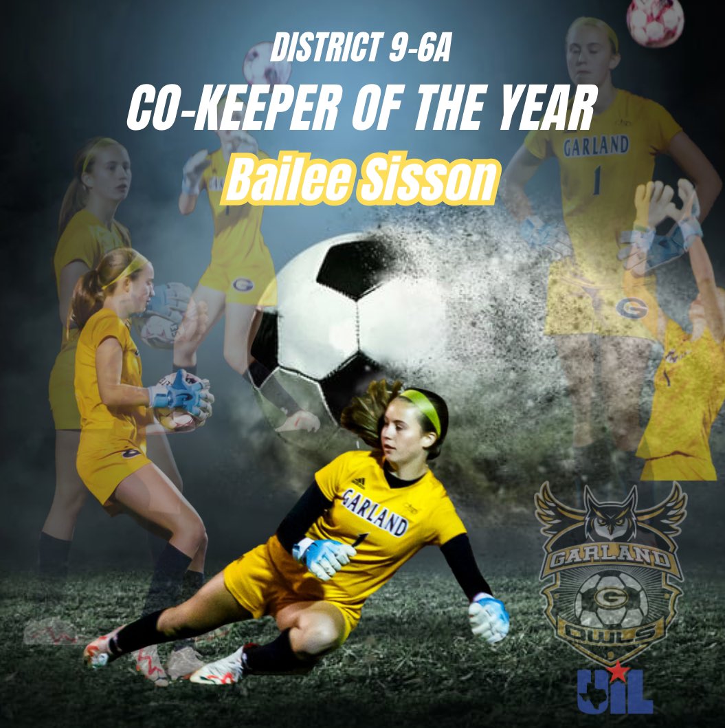 Big congrats to freshman Bailee Sisson for being named Keeper of the Year in District 9-6A! 🎉🏆 With just year 1 under her belt, she's already making a huge impact. Born to be a Lady Owl! 🦉⚽ #ProudCoach @GHS_Owls