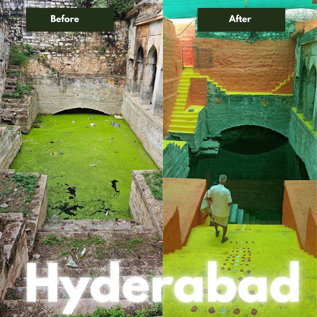 We are #grateful to help restore century old wells in #India with partners @Google + @saytrees_ind! Check out this 400 year old open well at Venugopal Temple which supports more than 1,000 people. The #community helped paint the walls to help with the restoration! #wateraccess